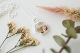 Mini Hexagon Necklace with Pink Flowers in Silver