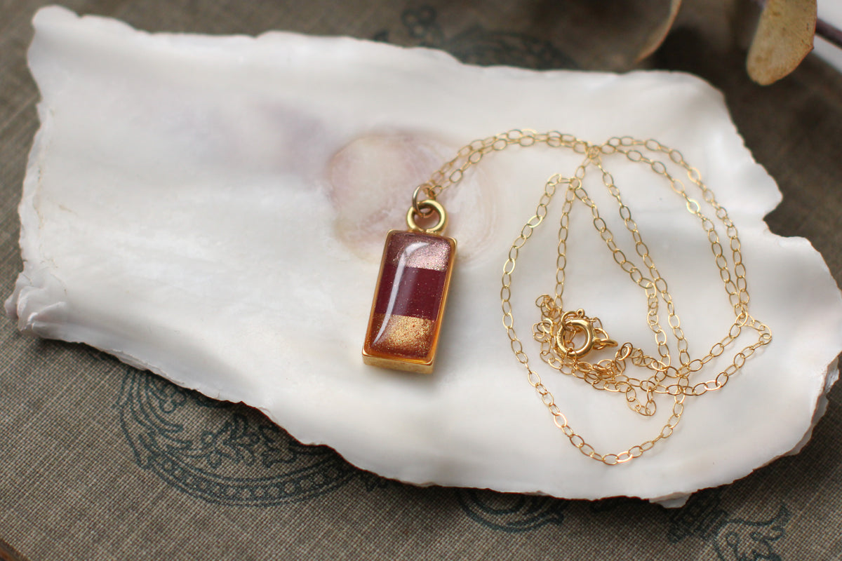 Burgundy and Gold Sunset Shimmer Necklace | Handmade Resin Rectangle Necklace