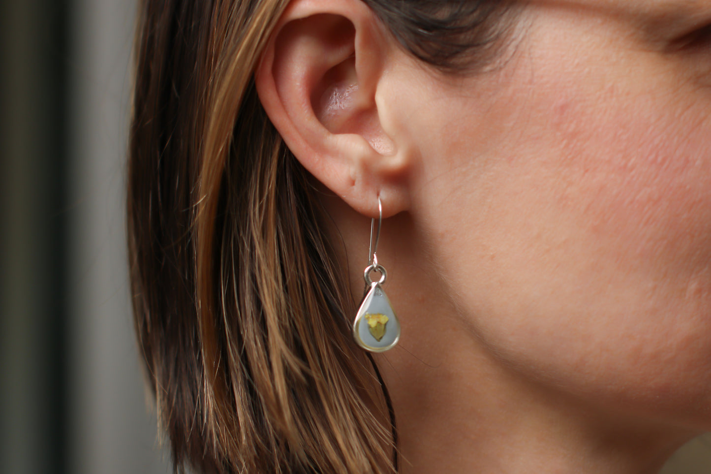 Light Blue and Silver Teardrop Earrings with Yellow Yarrow | Handmade Resin and Flower Earrings