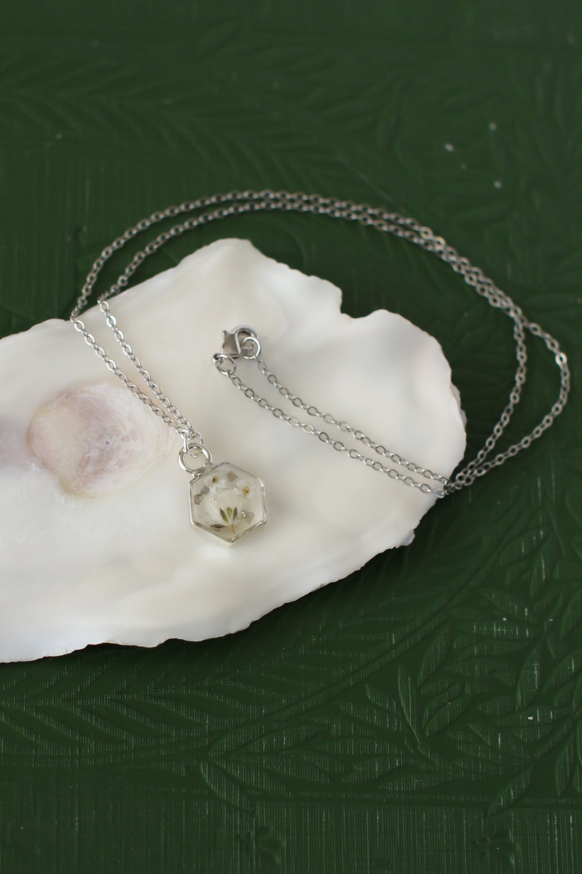 Silver Mini Hexagon Necklace with White Flowers