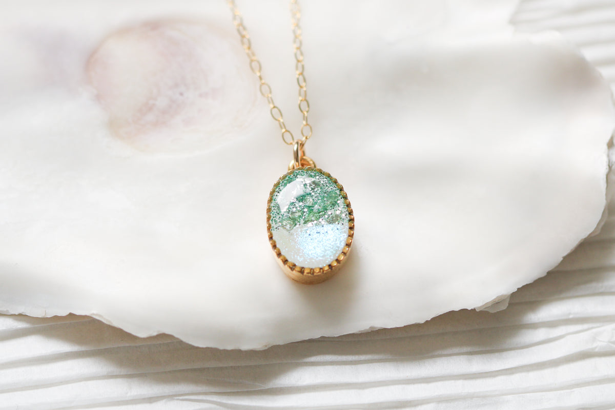 Aqua and Gold Shimmer Oval Necklace