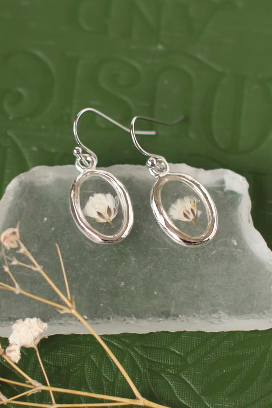 Silver and Baby's Breath Oval Dangle Earrings | Handmade Pressed Flower Earrings