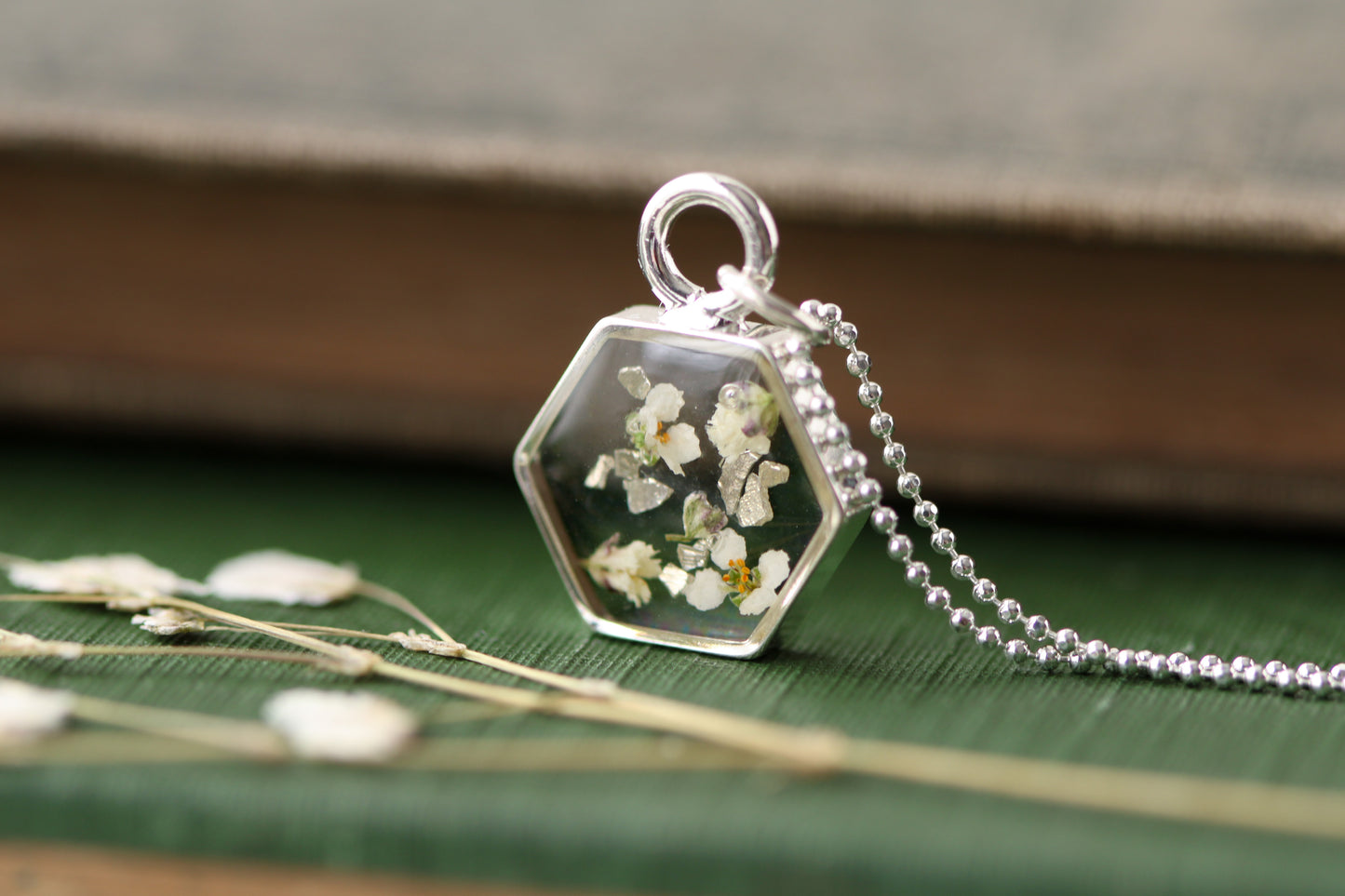 Silver Mini Hexagon Necklace with White Flowers