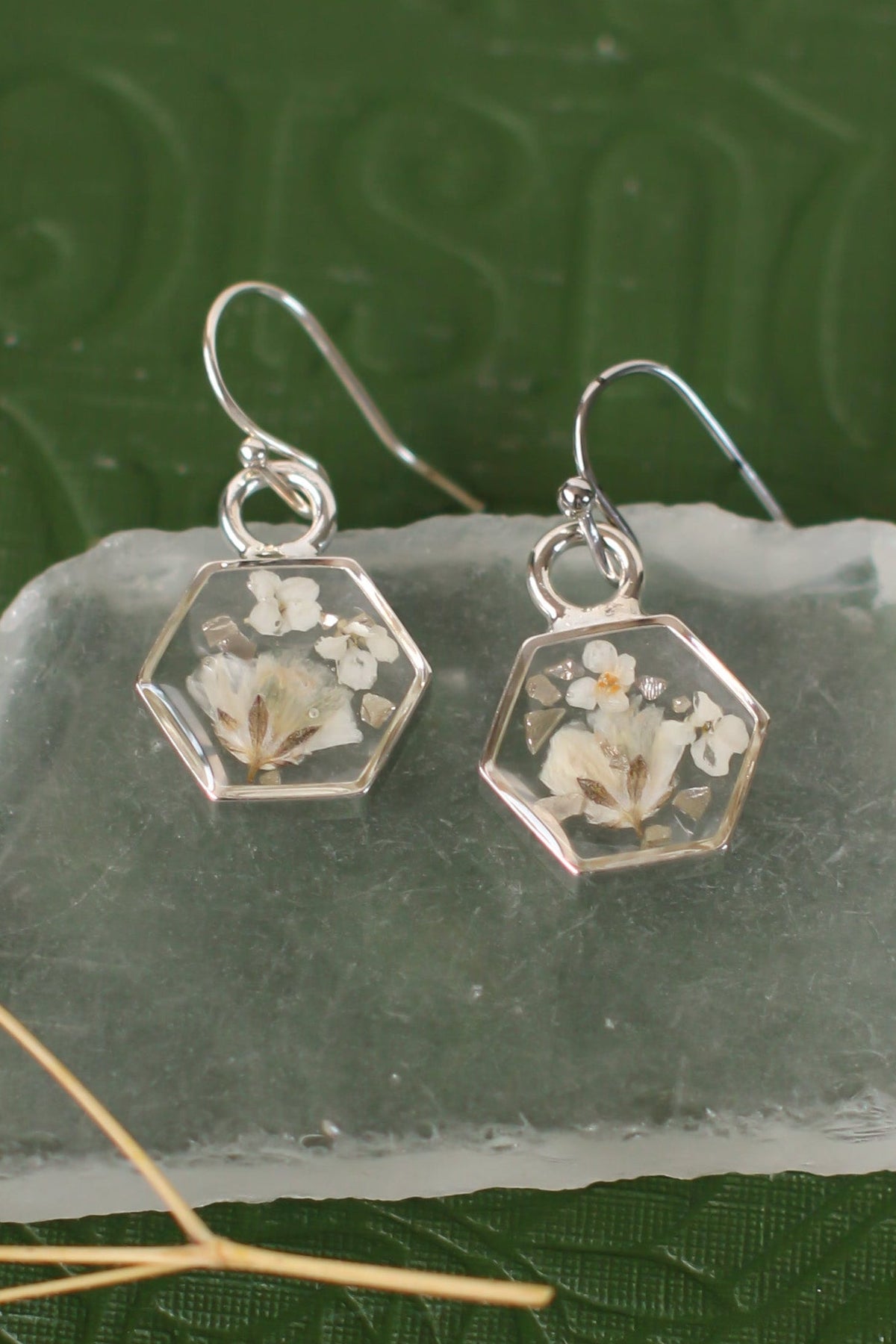 Silver Mini Hexagon Earrings with White Flowers