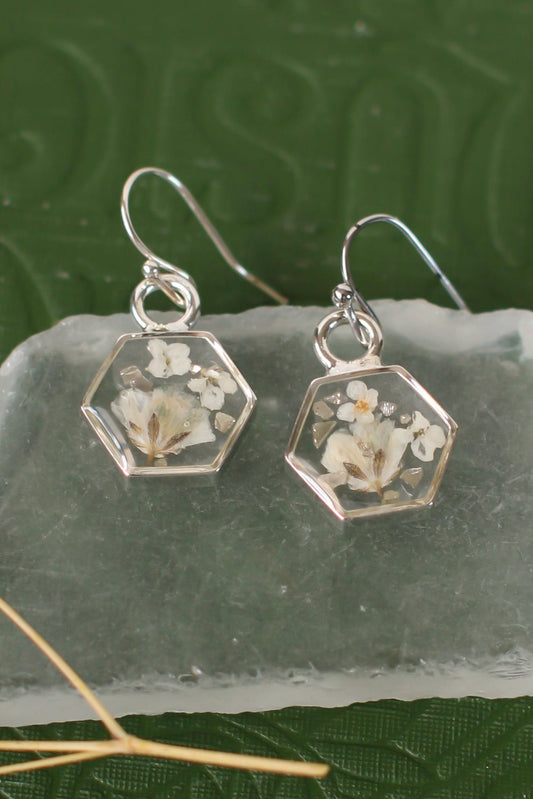 Silver Mini Hexagon Earrings with White Flowers