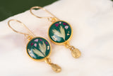 Dark Green and Gold Botanical Earrings with Dangle