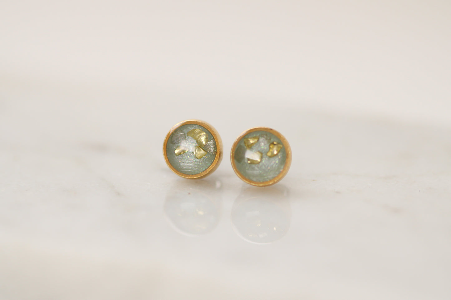 Gold and Sage Shimmer Stud Earrings | Handmade Resin and Clay Earrings
