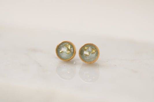 Gold and Sage Shimmer Stud Earrings | Handmade Resin and Clay Earrings