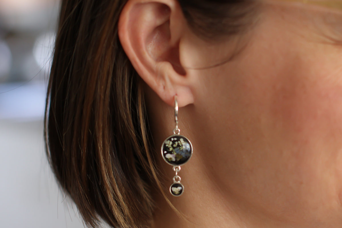 Black and Silver Floral Drop Earrings | Handmade Resin and Flower Earrings