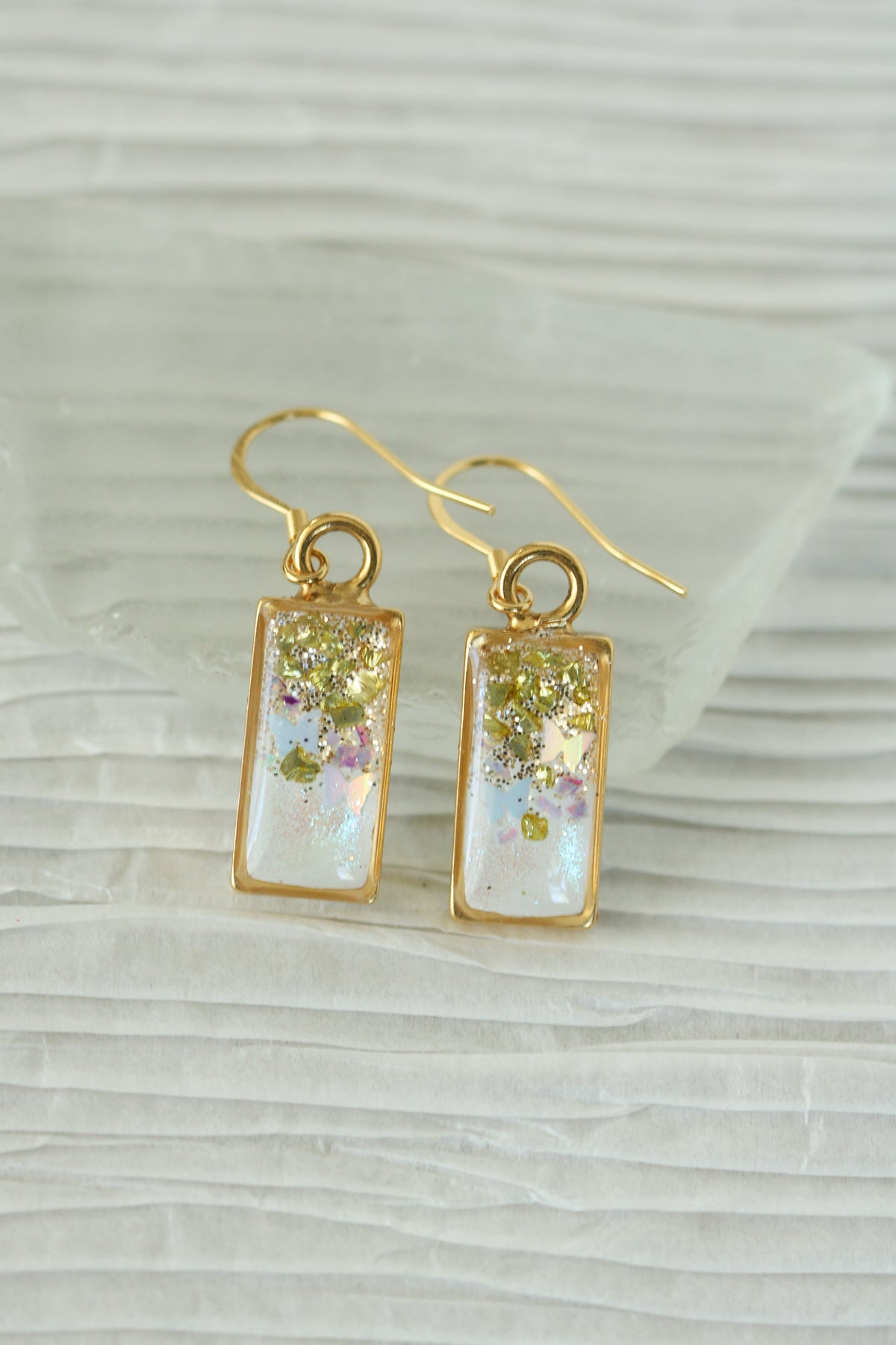 Gold Glittery Rectangle Earrings with Butterflies