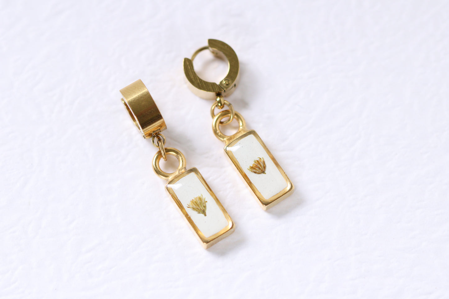 Gold and White Clutch Hoop Earrings with Tiny Flower | Handmade Resin and Flower Earrings