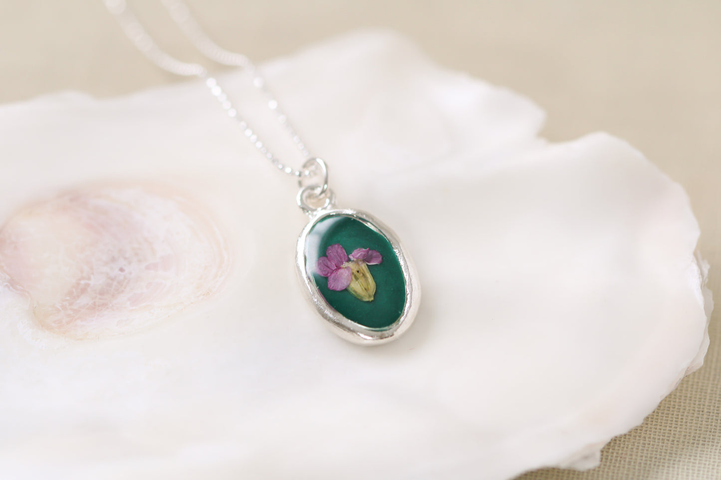 Green and Silver Oval Necklace with Purple Yarrow Flower | Handmade Resin and Flower Necklace