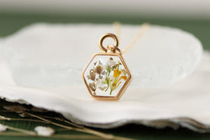 Mixed Yellow Flowers Gold Hexagon Mini Charm Necklace