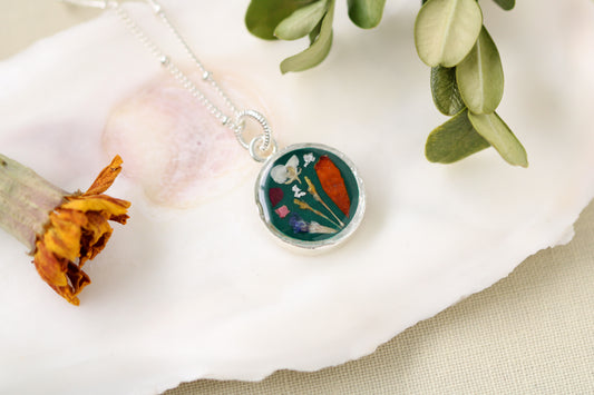Green and Silver Botanical Floral Circle Necklace | Handmade Resin and Flower Necklace