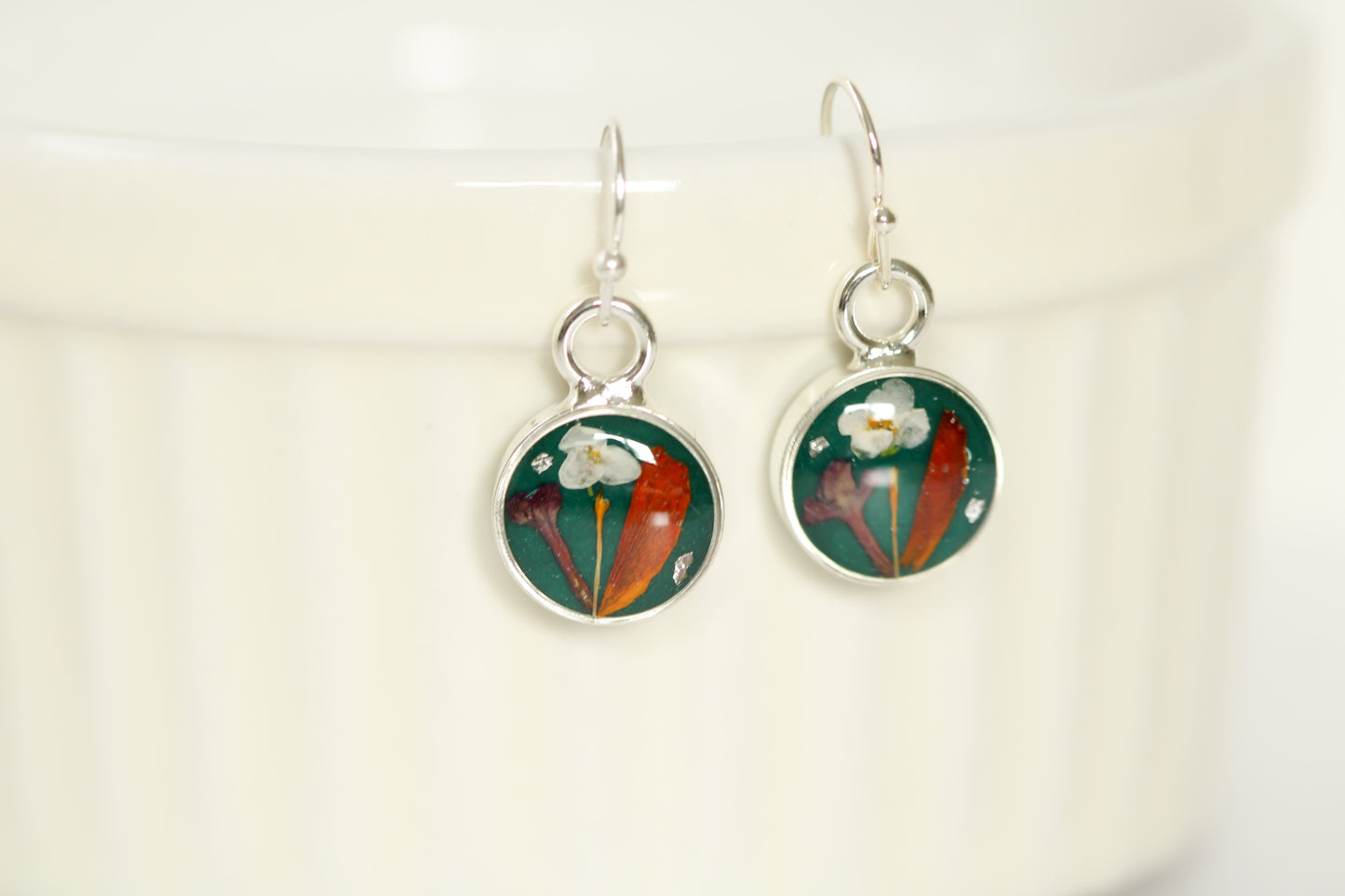 Green and Silver Botanical Floral Circle Earrings | Handmade Resin and Flower Earrings