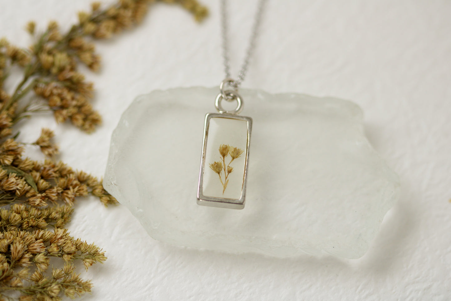 Silver Mini Rectangle Necklace with Solidago | Handmade Resin and Flower Necklace