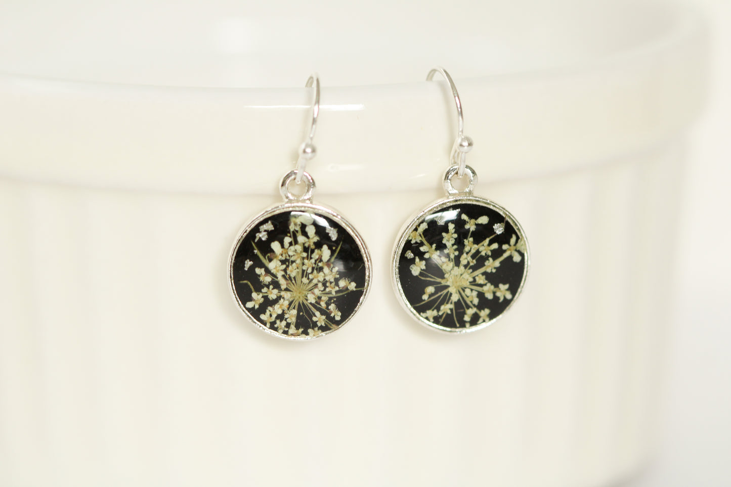 Real Queen Anne’s Lace Circle Earrings in Black and Silver - Handmade Resin and Flower Earrings