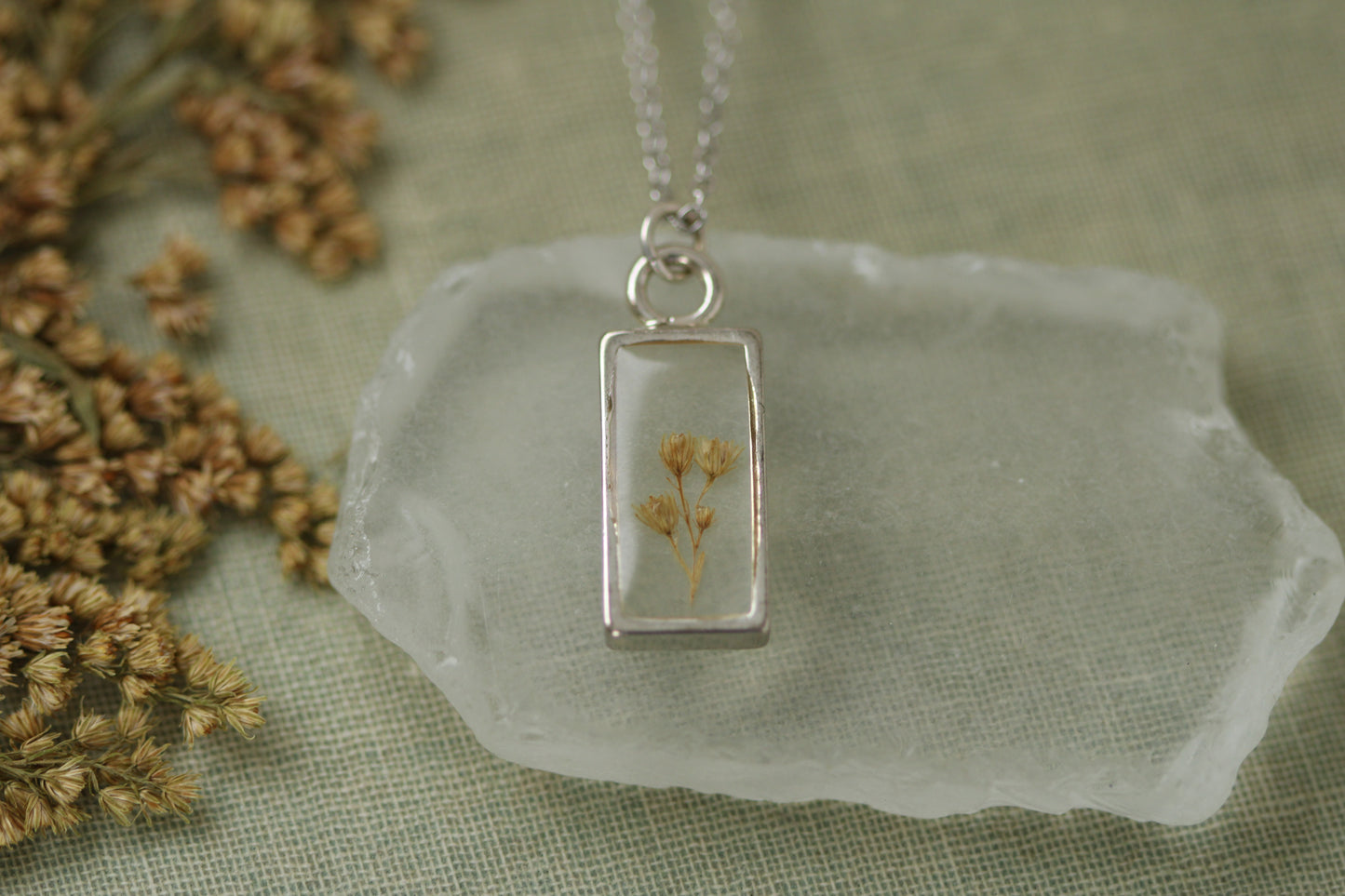 Silver Mini Rectangle Necklace with Solidago | Handmade Resin and Flower Necklace