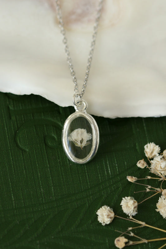 Silver Clear Oval Necklace with Baby’s Breath Flower