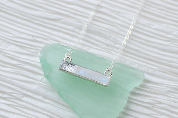Silver and White Iridescent Bar Necklace