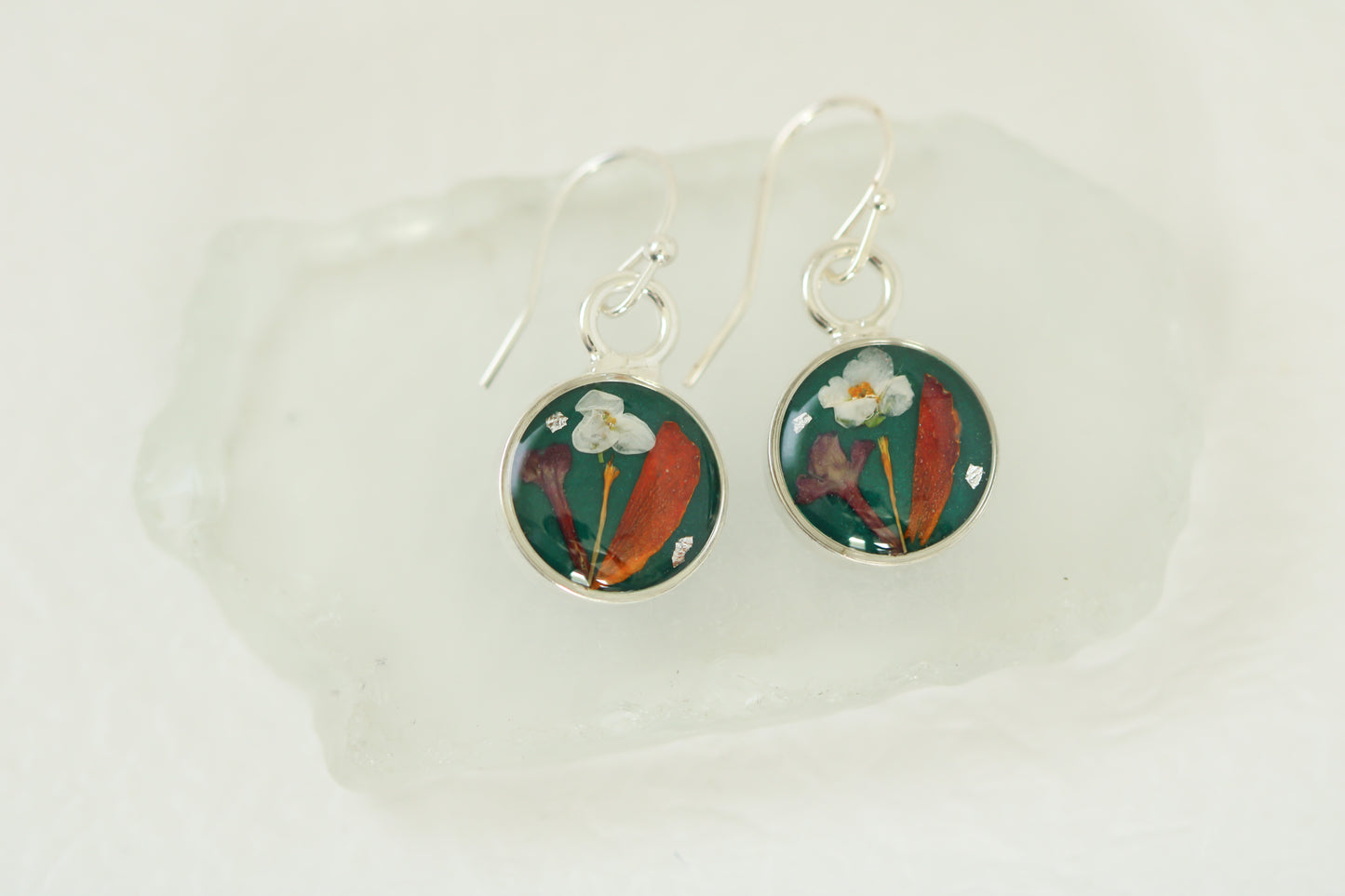 Green and Silver Botanical Floral Circle Earrings | Handmade Resin and Flower Earrings