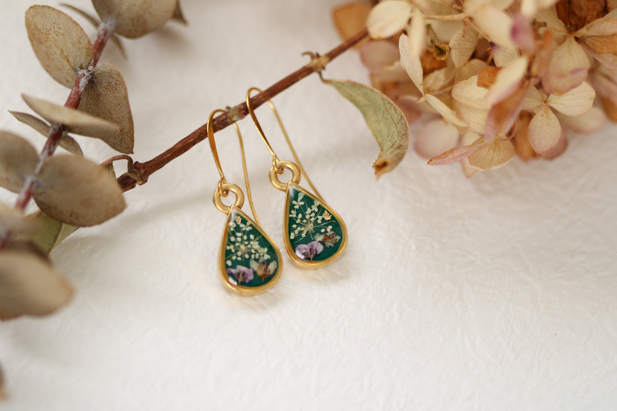 Gold and Dark Green Teardrop Earrings with Flowers