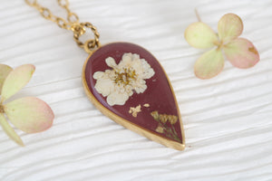 Burgundy and Gold Large Pendant Necklace with Feverfew and Flowers