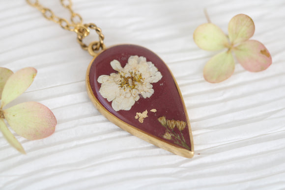 Burgundy and Gold Large Pendant Necklace with Feverfew and Flowers