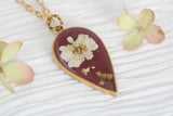 Burgundy and Gold Large Pendant Necklace with Feverfew and Flowers
