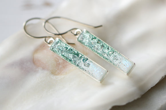 Aqua and Silver Sparkly Bar Earrings