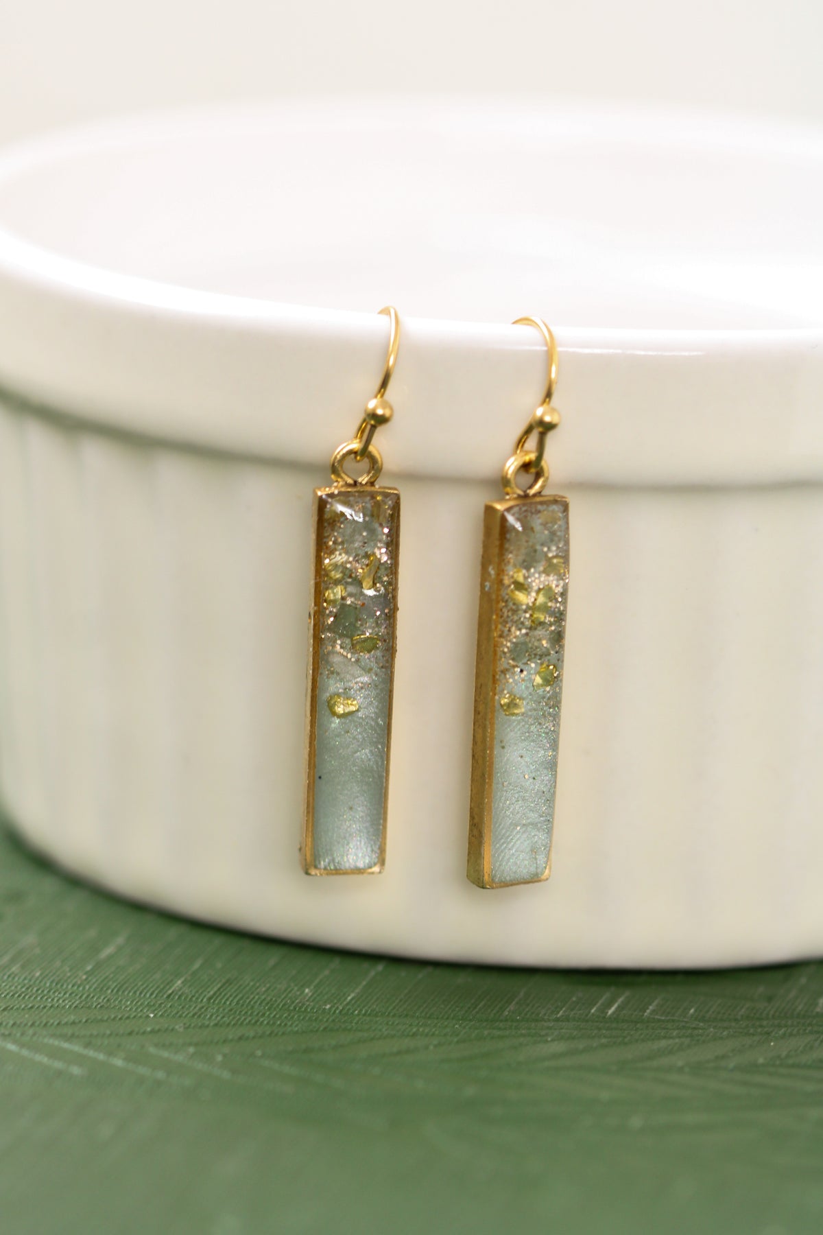 Gold and Sage Shimmer Bar Earrings