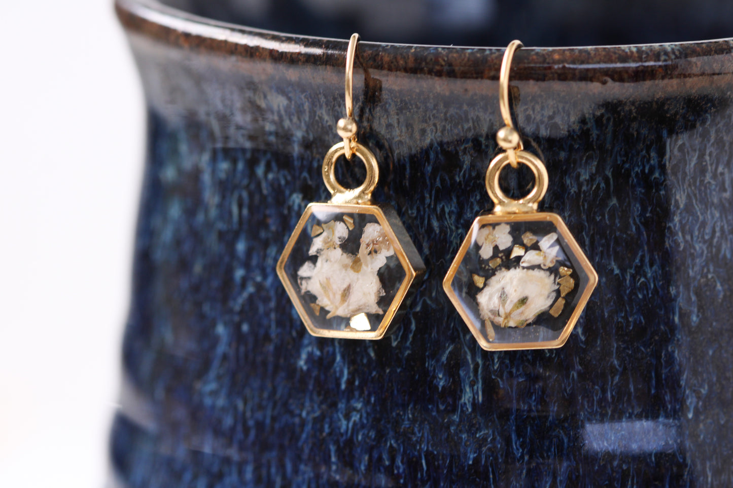 Gold Mini Hexagon Earrings with White Flowers