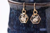 Gold Mini Hexagon Earrings with White Flowers