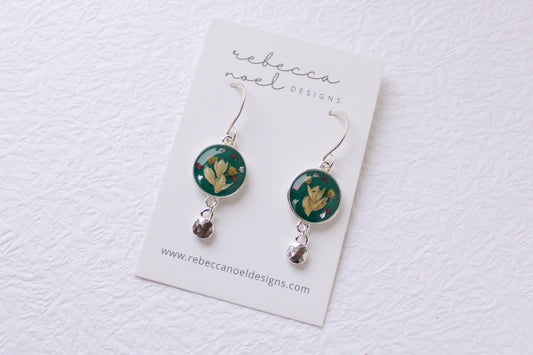 Dark Green Meadows Silver Circle Earrings with Dangle