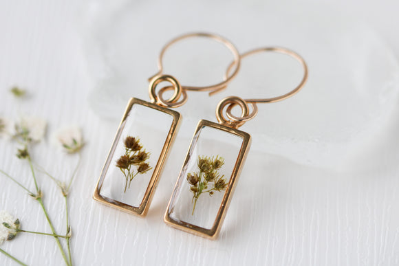 Gold Mini Rectangle Earrings with Solidago Flowers