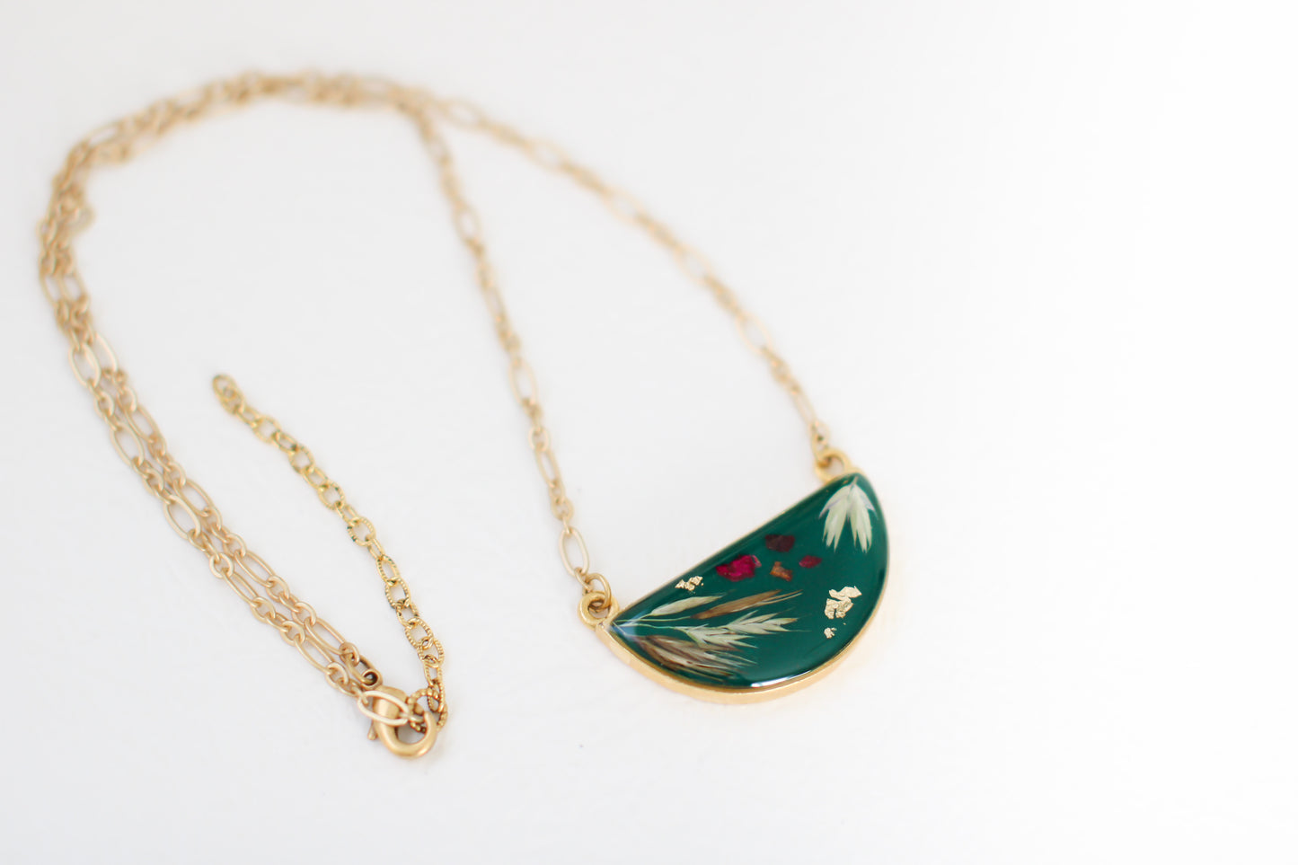 Dark Green Half Moon Botanical Necklace