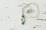 Silver and Dark Green Long Oval Necklace with Chrysanthemum