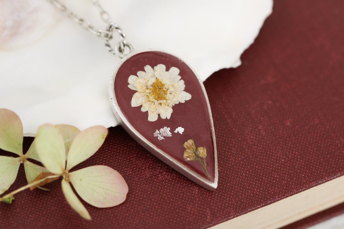 Burgundy and Silver Large Pendant with Feverfew and Flowers