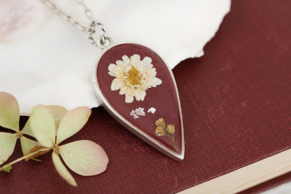 Burgundy and Silver Large Pendant with Feverfew and Flowers
