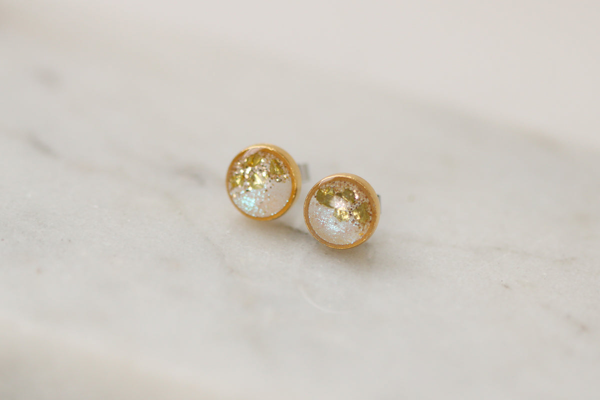 Gold and White Shimmer Stud Earrings