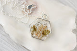 Sparkly Flowers in Resin Hexagon Necklace in Silver