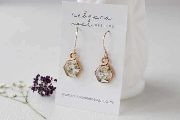 White Flowers Gold Mini Hexagon Earrings