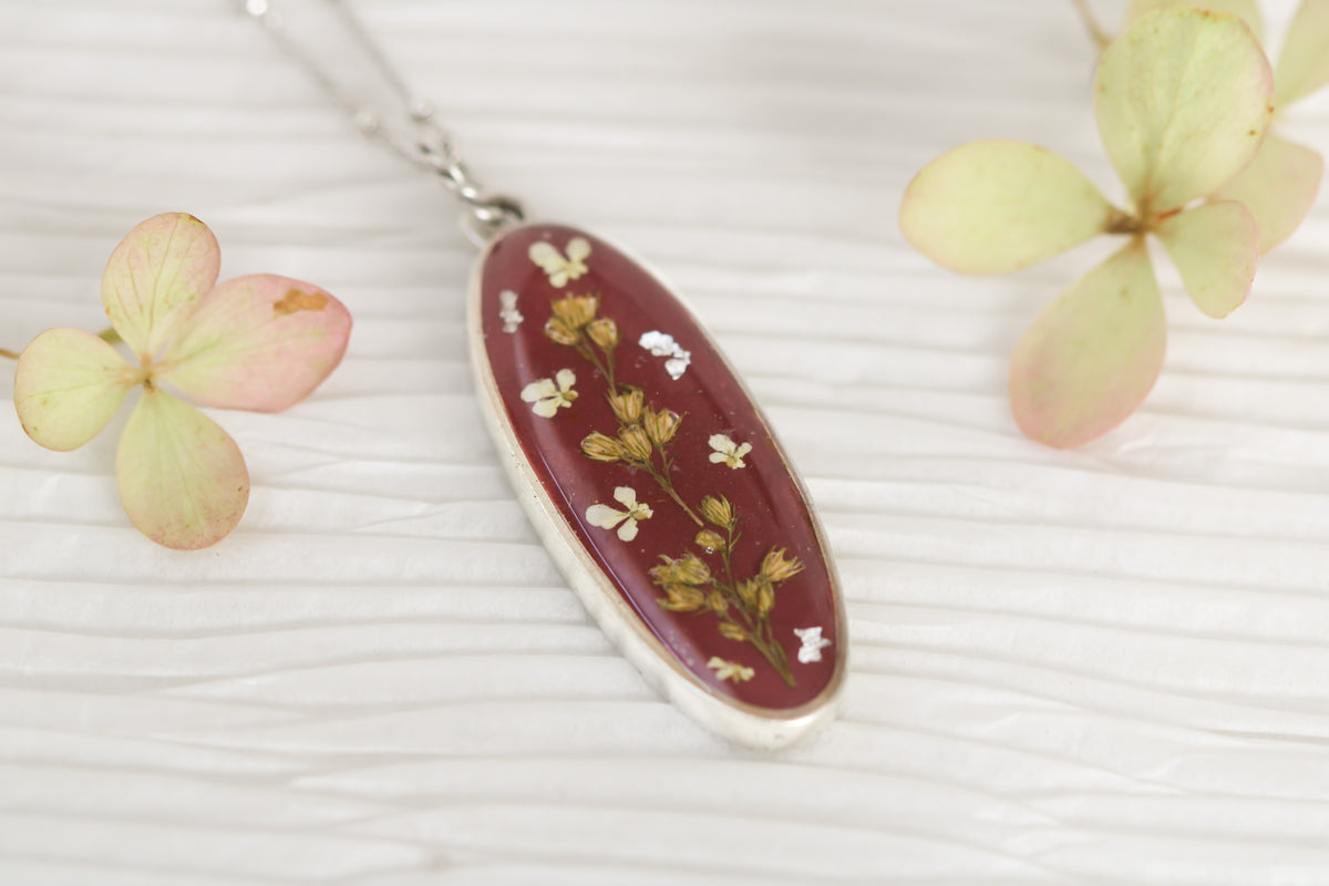 Burgundy and Silver Long Oval Pendant with Flowers