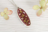 Burgundy and Silver Long Oval Pendant with Flowers