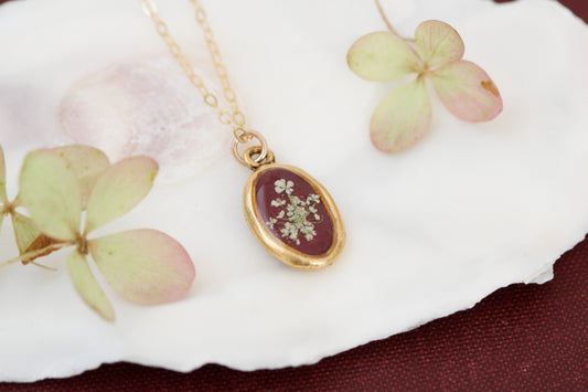 Burgundy Queen Anne’s Lace Tiny Oval Necklace in Gold- Real Flowers in Resin Handmade Necklace