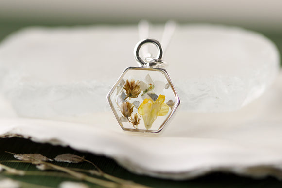 Mixed Yellow Flowers Silver Mini Hexagon Necklace