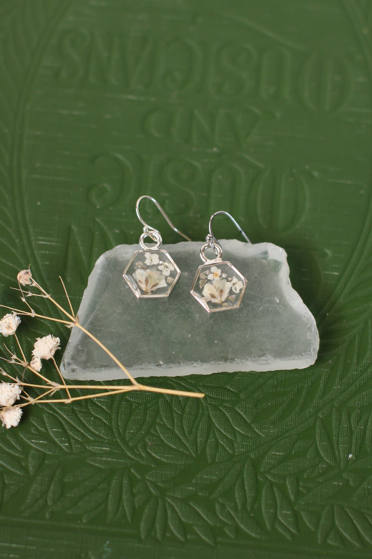 Silver Mini Hexagon Earrings with White Flowers