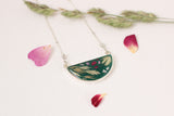 Dark Green Half Moon Botanical Necklace in Silver