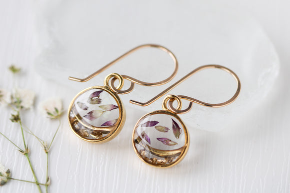 Mini Gold Circle Earrings with Flower Petals and Gold Flakes