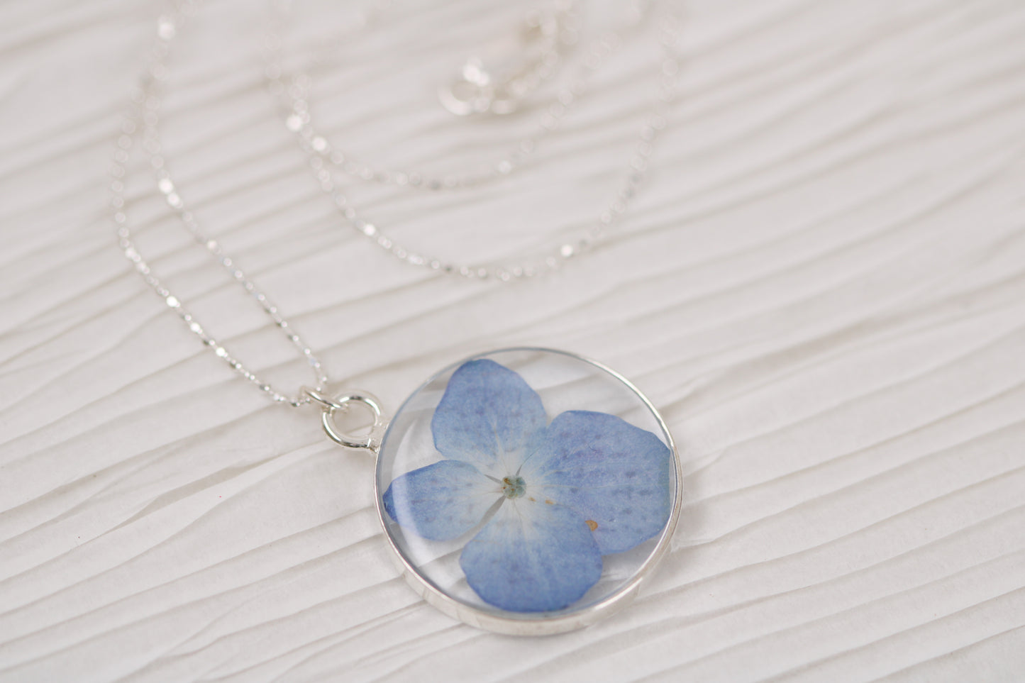 Blue Hydrangea Flower Necklace in Silver | Handmade Resin Botanical Necklace